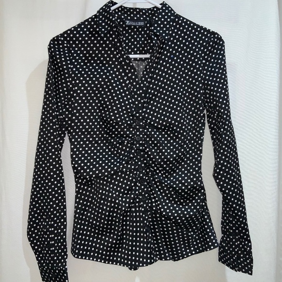 New York & company stretch blouse Sz S ruched Collar polka dot - Picture 1 of 8